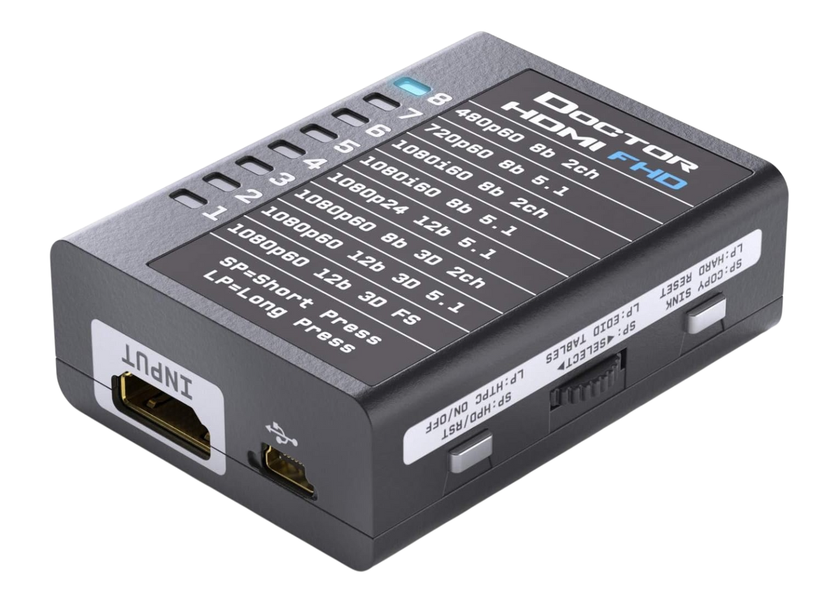 Côté sortie du Dr HDMI 4K, avec la sortie HDMI, la prise RS232 et les boutons copy sink et HPD
