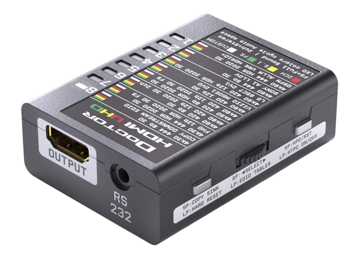 Dr HDMI 4K vu du côté sortie, avec la table des banques EDID UHD imprimée sur le dessus