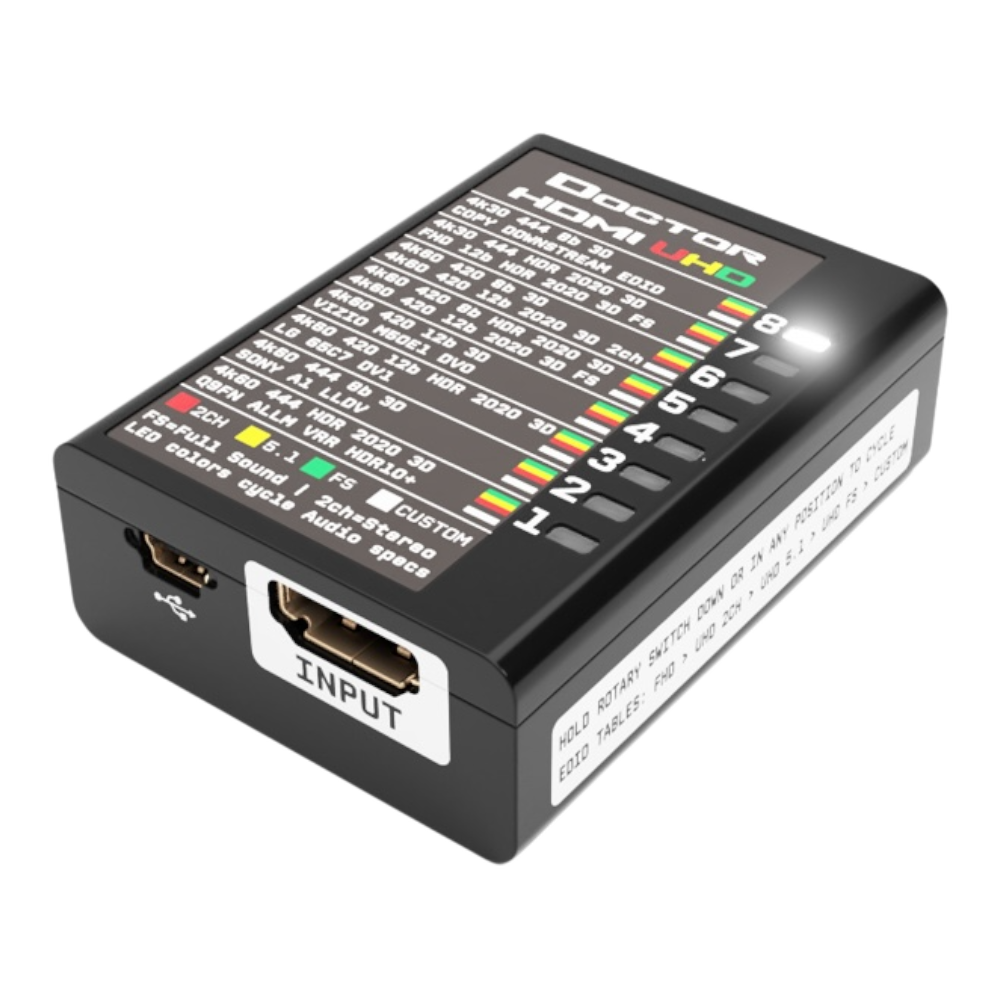 Côté entrée du Dr HDMI 4K, avec l'entrée HDMI, le port mini-USB et la table EDID UHD sur le dessus