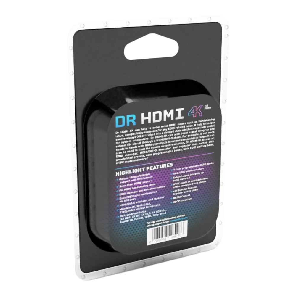 Emballage du Dr HDMI 4K, face arrière, avec les caractéristiques