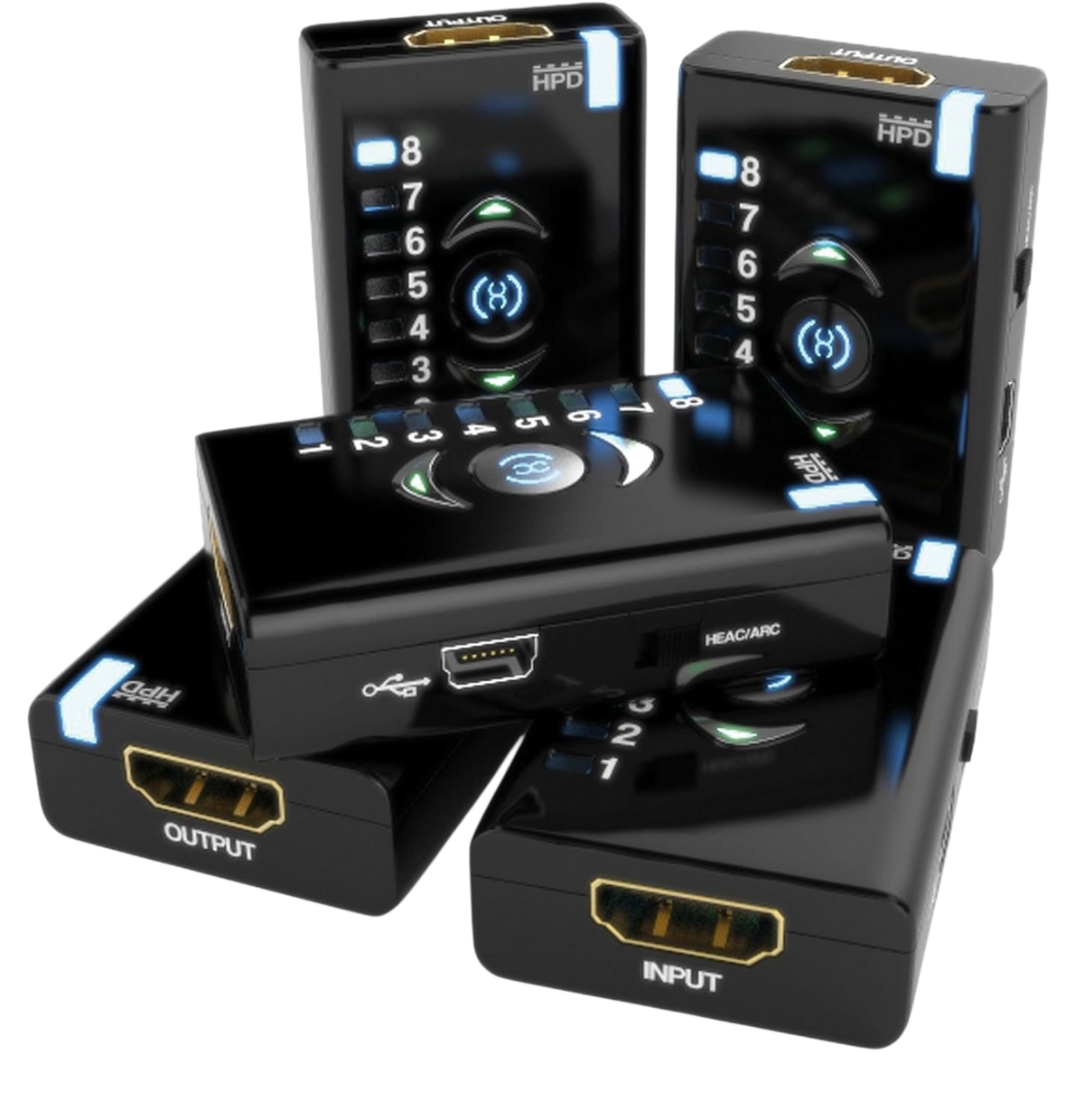 Cinq Dr HDMI sous différents angles avec entrée et sortie HDMI, port Mini-USB et commutateur HEAC/ARC