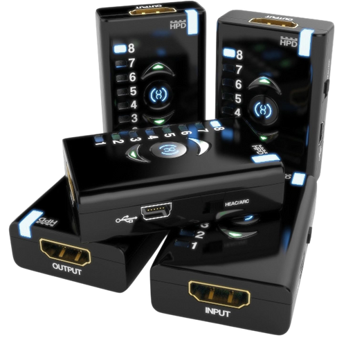 Cinq Dr HDMI sous différents angles avec entrée et sortie HDMI, port Mini-USB et commutateur HEAC/ARC