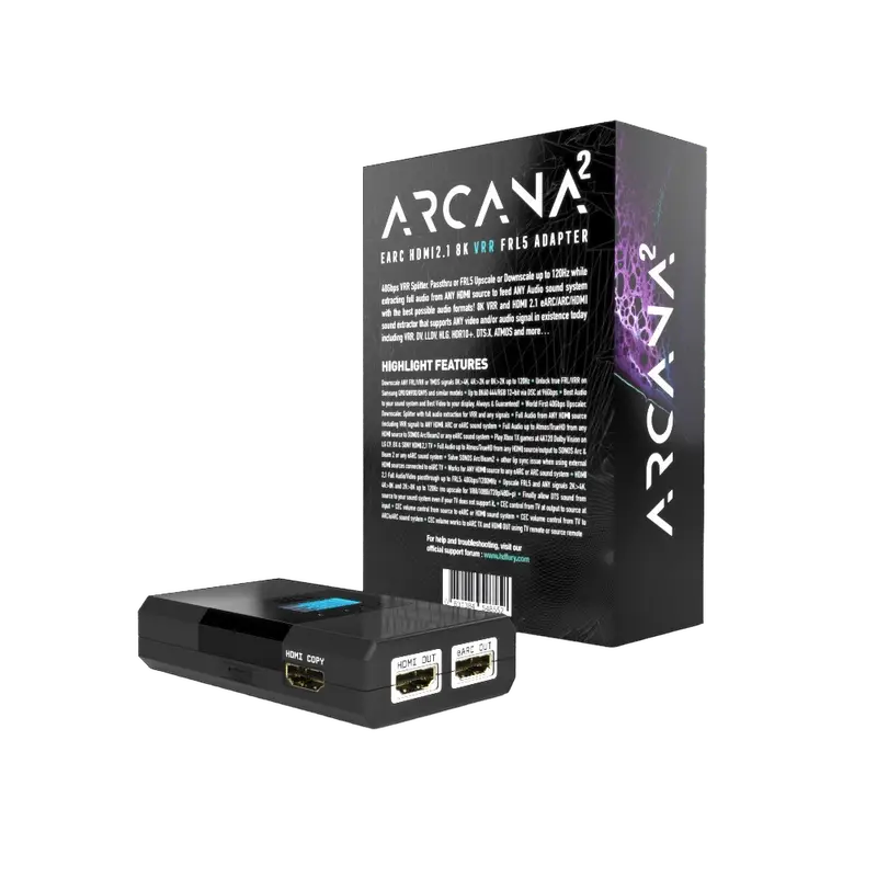 HDfury Arcana 2 rear connections: HDMI in, 2x HDMI out, eARC out