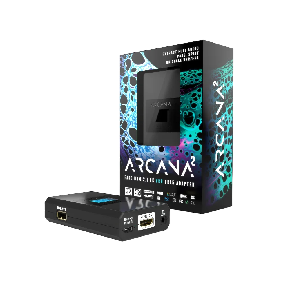 HDfury Arcana 2 8K eARC adapter - front view with OLED display