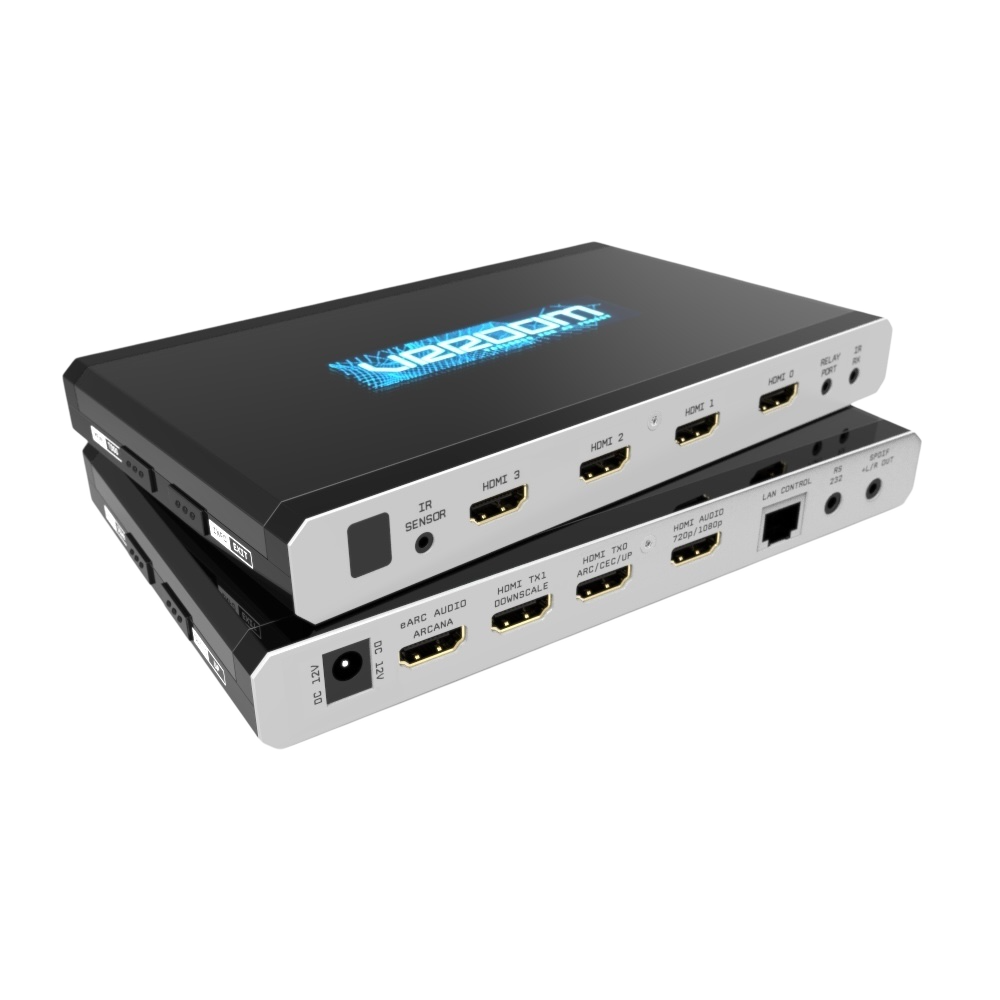HDFury VRROOM 8K HDMI 2.1 matrix, scaler and eARC audio extractor – device front view with OLED display