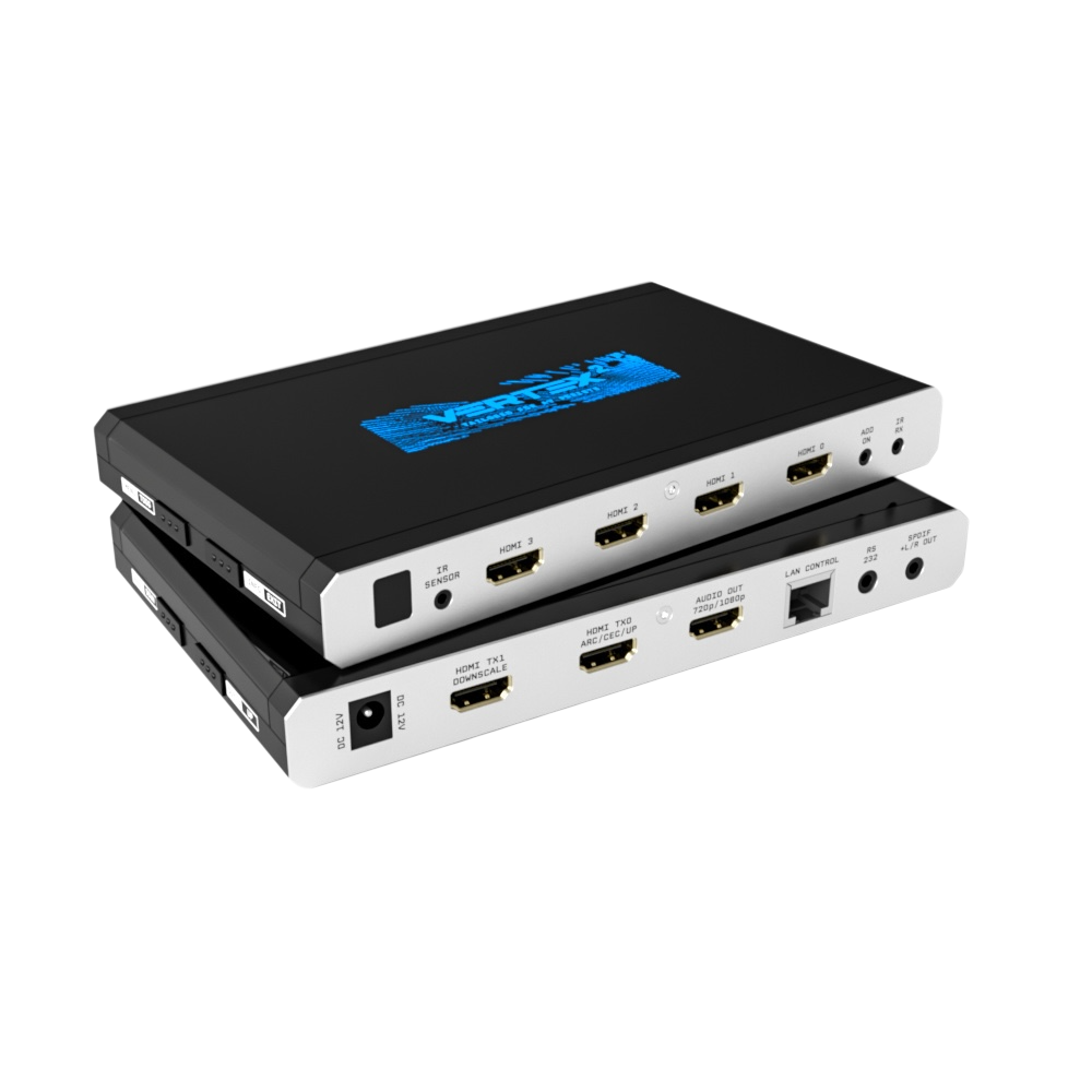 Matrice HDMI 4x2 HDfury Vertex 2 montrée deux fois, superposée : les quatre entrées HDMI en haut, en dessous les sorties du scaler TX0 et TX1, la sortie de l'extracteur audio, LAN, RS232 et S/PDIF
