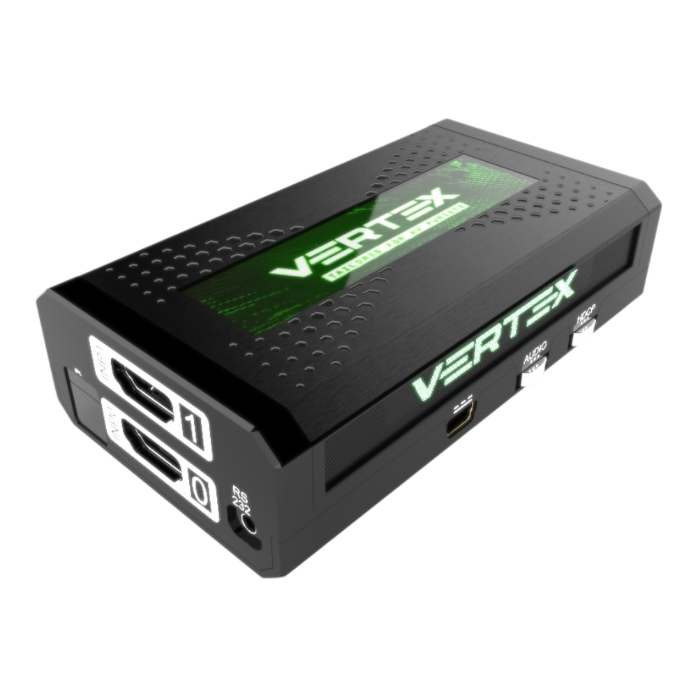 HDfury Vertex, matrice HDMI 2x2 et scaler 4K 18Gbps avec OLED, entrées HDMI, RS232, mini USB, sélecteurs AUDIO et HDCP