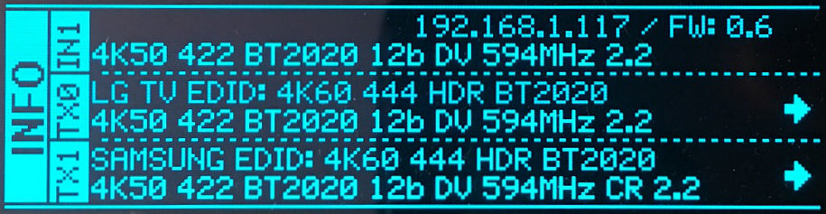 Écran d'information OLED du HDfury Vertex 2 : adresse IP 192.168.1.117, firmware 0.6, signal entrant 4K50 4:2:2 12 bits Dolby Vision et ce que le scaler envoie aux écrans LG et Samsung sur TX0 et TX1