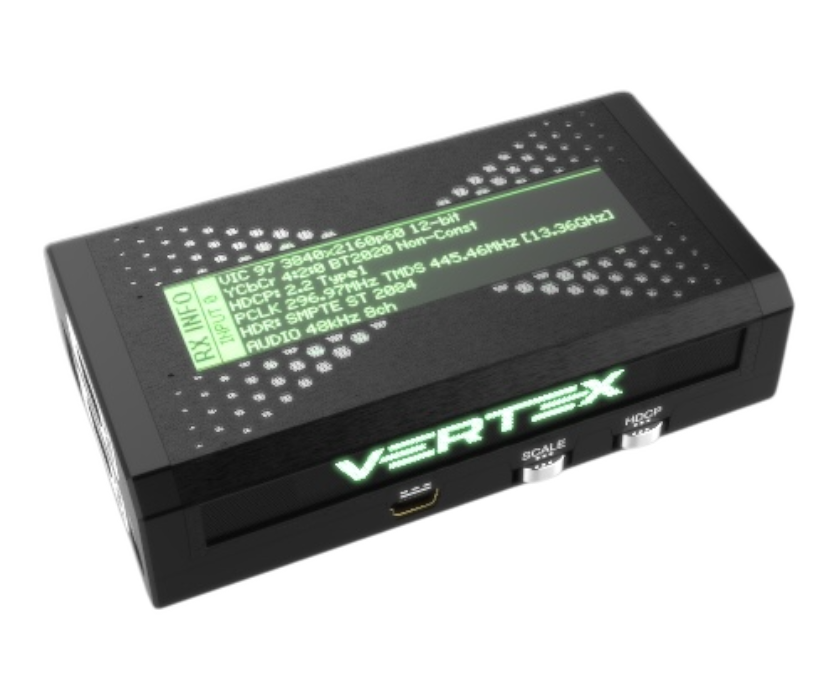 RX INFO du HDfury Vertex sur l’OLED : 3840x2160p60 12 bits, YCbCr 4:2:0 BT2020, HDCP 2.2, HDR SMPTE ST 2084, audio 8 canaux