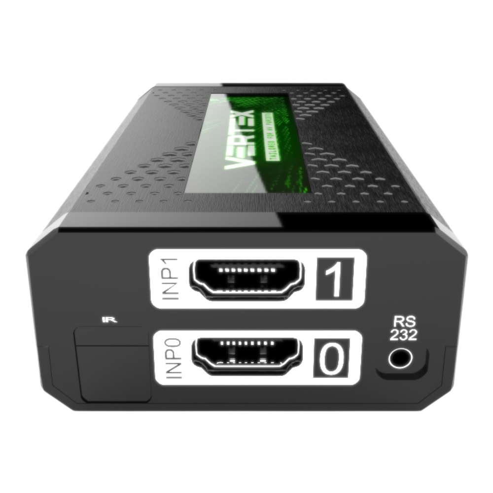 Côté entrées du HDfury Vertex : entrées HDMI INP0 et INP1, récepteur IR et port RS232