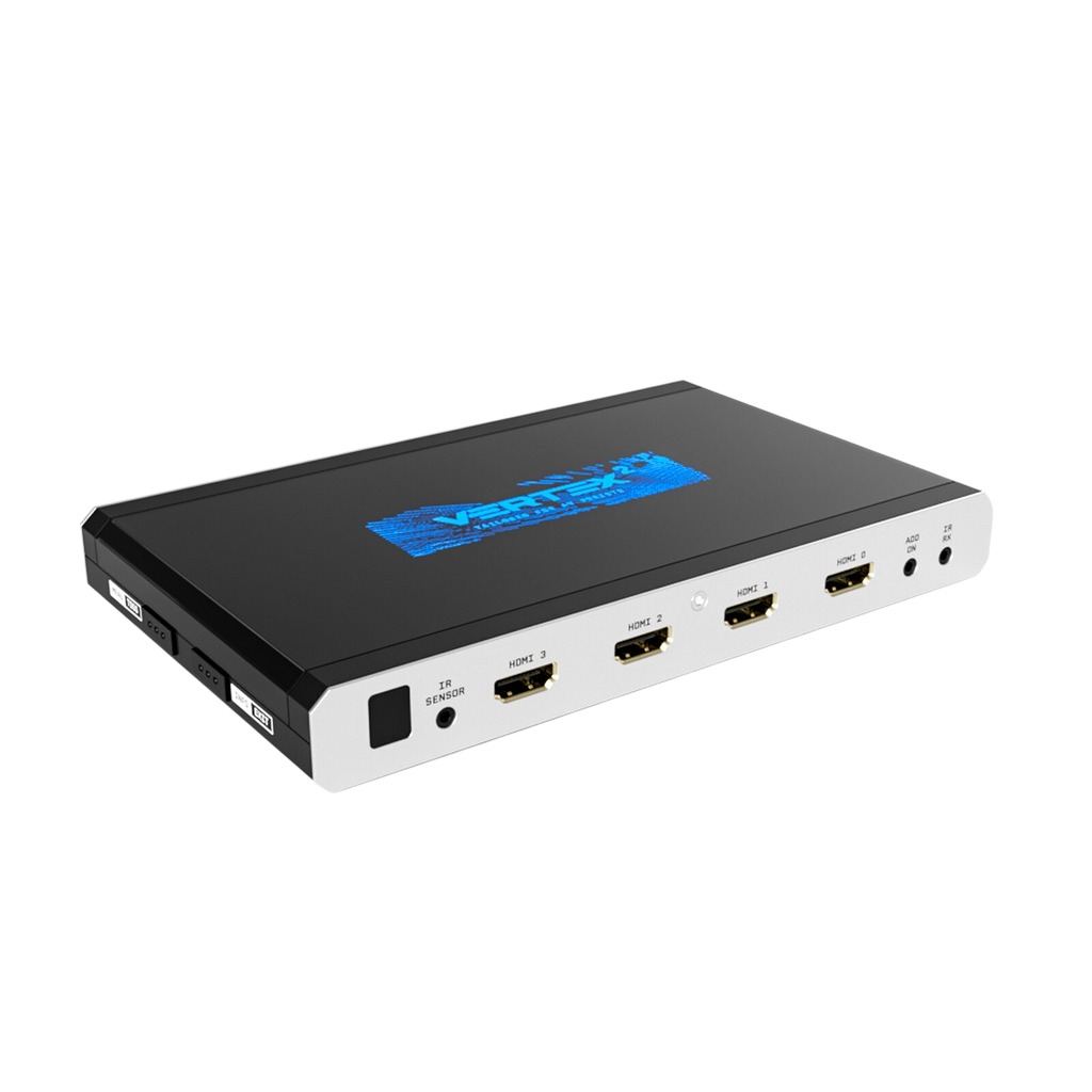 Matrice, splitter et scaler HDMI 4x2 HDfury Vertex 2 sur fond blanc, montrant les quatre entrées HDMI 18Gbps et le logo bleu Vertex 2 sur le capot