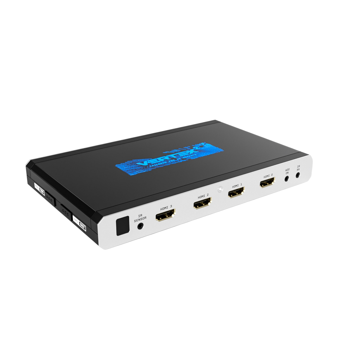 Matrice, splitter et scaler HDMI 4x2 HDfury Vertex 2 sur fond blanc, montrant les quatre entrées HDMI 18Gbps et le logo bleu Vertex 2 sur le capot