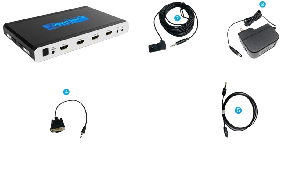 Ce que contient la boîte du HDfury Vertex 2 : l'appareil, le câble récepteur IR, l'alimentation 12V, le câble RS232 et le câble optique
