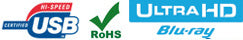 Logos USB Certified Hi-Speed, RoHS et Ultra HD Blu-ray