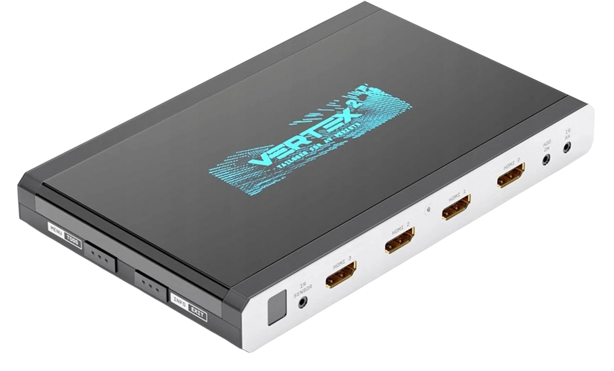 Matrice et switch HDMI HDfury Vertex 2 vus de dessus en biais, face entrées : capteur IR, quatre entrées HDMI numérotées de 0 à 3, prises add-on et IR RX