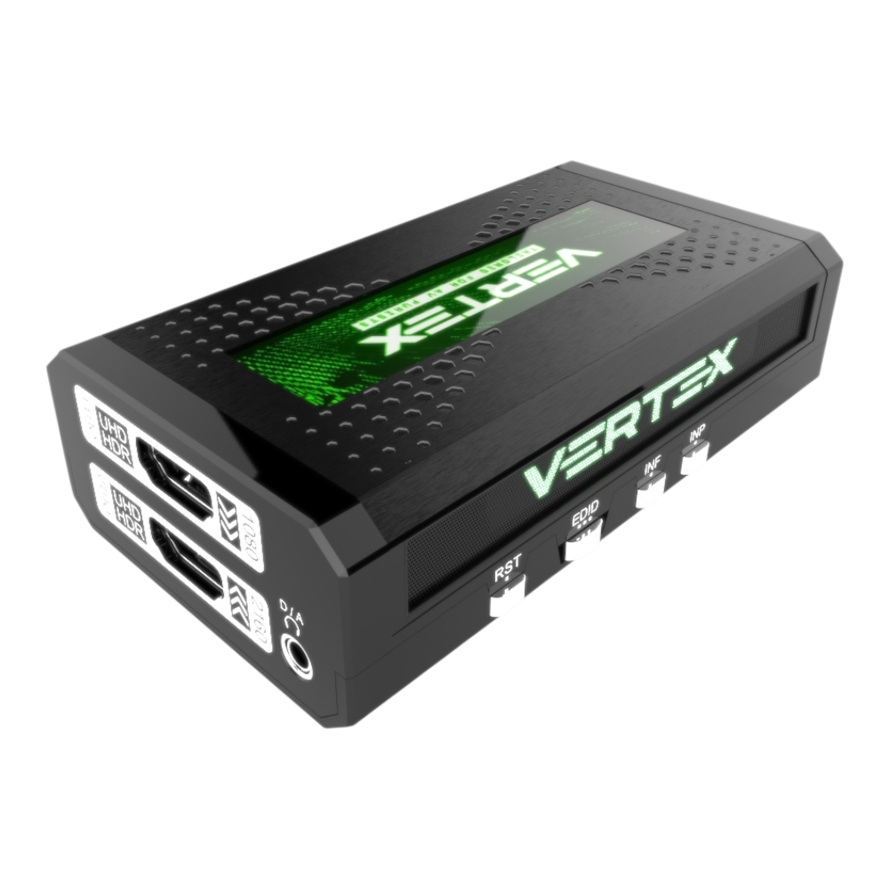 HDfury Vertex, splitter et scaler HDMI 2.0b : sorties HDMI, prise audio D/A et commandes RST, EDID, INF et INP