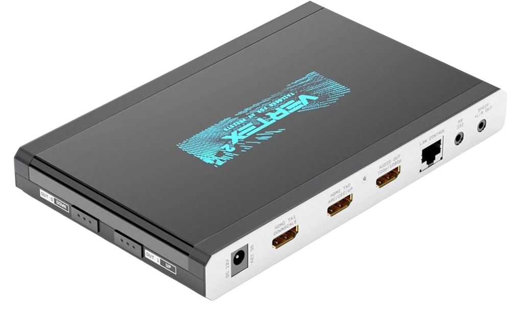 Face sorties du HDfury Vertex 2 : 12V DC, HDMI TX1 downscale, HDMI TX0 avec ARC, CEC et upscale, sortie 720p/1080p de l'extracteur audio, LAN de pilotage, RS232 et S/PDIF avec L/R