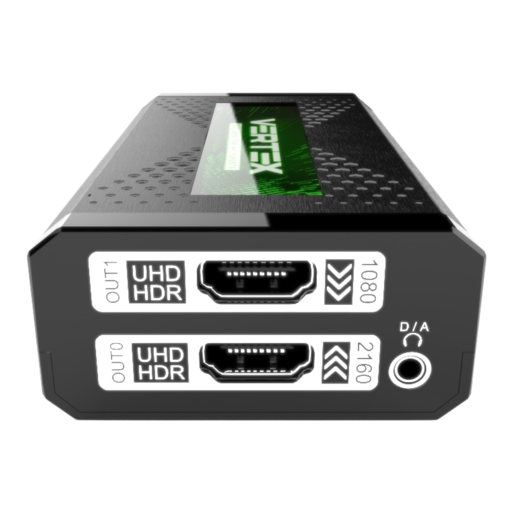 Côté sorties du HDfury Vertex : OUT1 UHD HDR avec downscale 1080p, OUT0 UHD HDR avec upscale 2160p et prise audio D/A