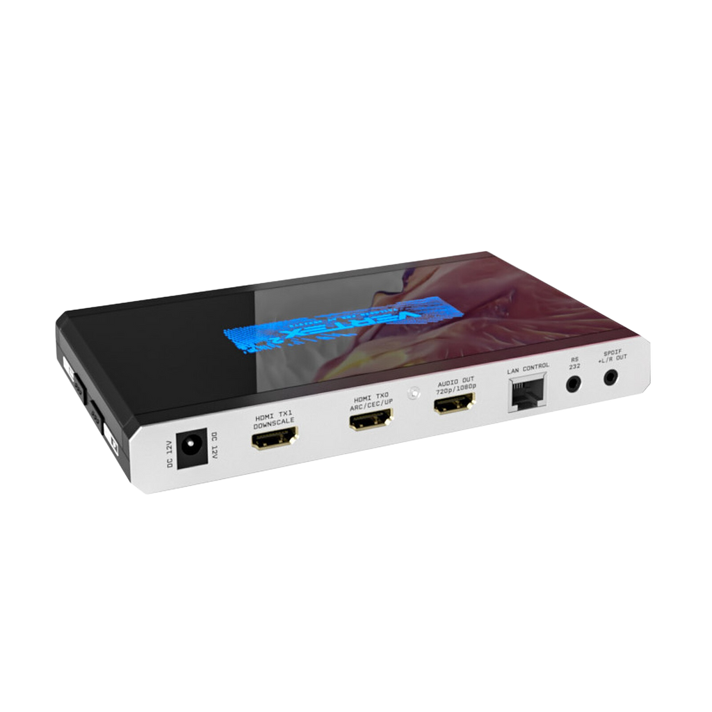 Gros plan sur les sorties du HDfury Vertex 2 : 12V DC, HDMI TX1 downscale, HDMI TX0 avec ARC, CEC et upscale, sortie dédiée de l'extracteur audio HDMI, LAN de pilotage, RS232 et S/PDIF optique