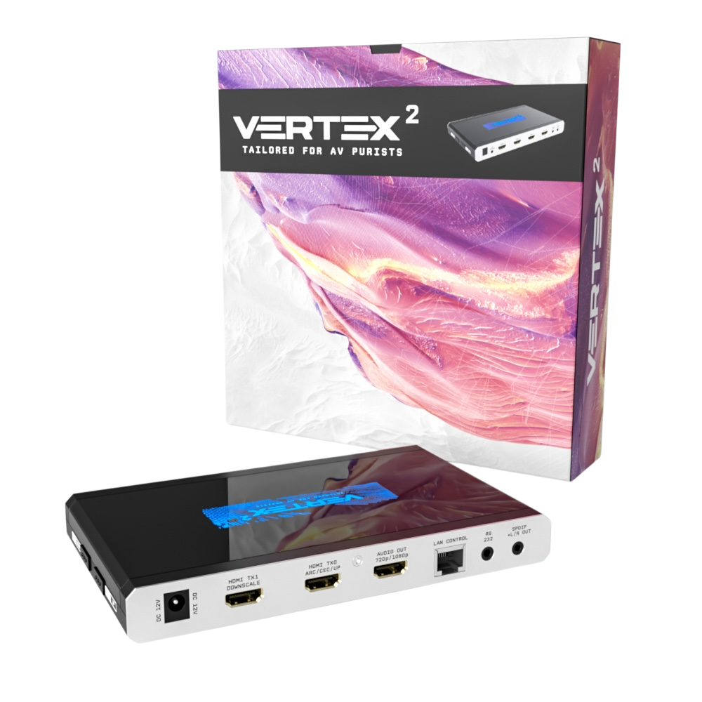 Boîte de vente du HDfury Vertex 2 à côté de l'appareil, avec les sorties du scaler TX0 et TX1 et la sortie audio bien visibles