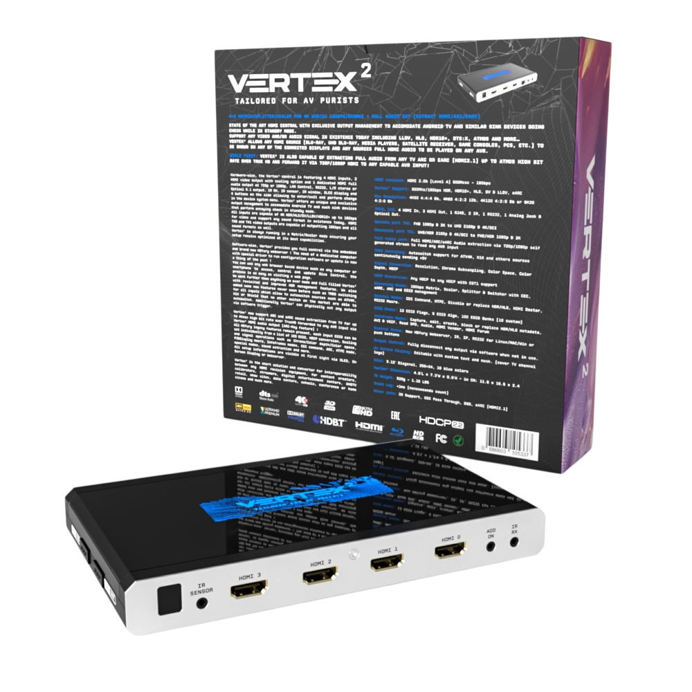 Dos de la boîte de vente du HDfury Vertex 2 avec le texte complet des caractéristiques, à côté de l'appareil montrant ses quatre entrées de matrice HDMI